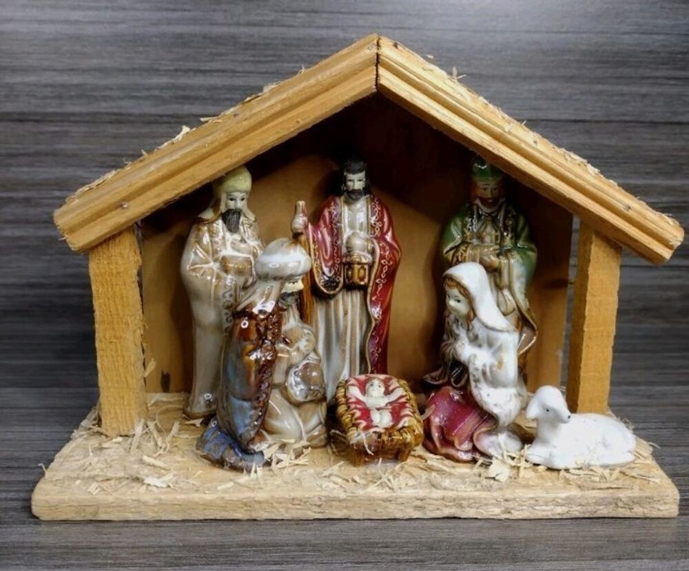 Vintage Nativity Set Wooden Manger with ceramic figurines Retro Christmas Decor